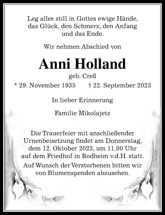 Traueranzeige von Anni Holland von Wetterauer Zeitung