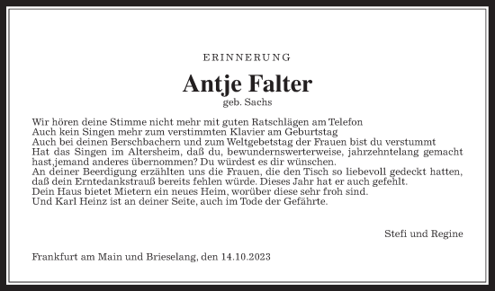 Traueranzeige von Antje Falter von Wetterauer Zeitung