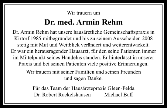 Traueranzeige von Armin Rehm von Alsfelder Allgemeine