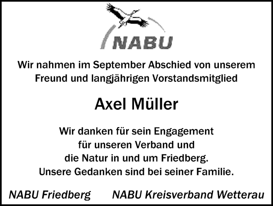 Traueranzeige von Axel Müller von Wetterauer Zeitung