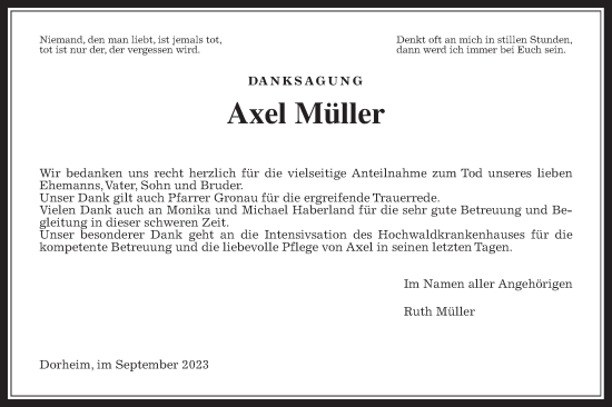 Traueranzeige von Axel Müller von Wetterauer Zeitung, Giessener Allgemeine, Alsfelder Allgemeine
