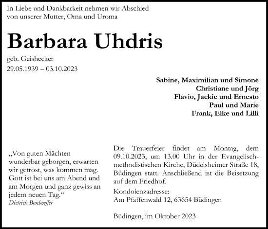 Traueranzeige von Barbara Uhdris von Kreis-Anzeiger