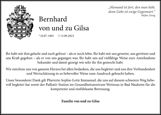 Traueranzeige von Bernhard von und zu Gilsa von Wetterauer Zeitung