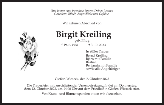 Traueranzeige von Birgit Kreiling von Giessener Anzeiger, Giessener Allgemeine, Alsfelder Allgemeine