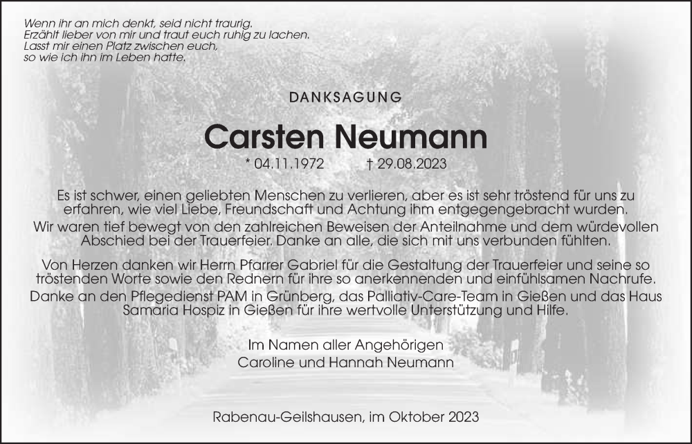  Traueranzeige für Carsten Neumann vom 21.10.2023 aus Rabenauer Zeitung, Giessener Allgemeine, Alsfelder Allgemeine, Giessener Anzeiger