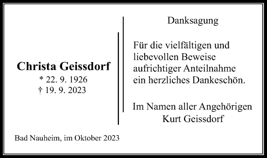 Traueranzeige von Christa Geissdorf von Wetterauer Zeitung