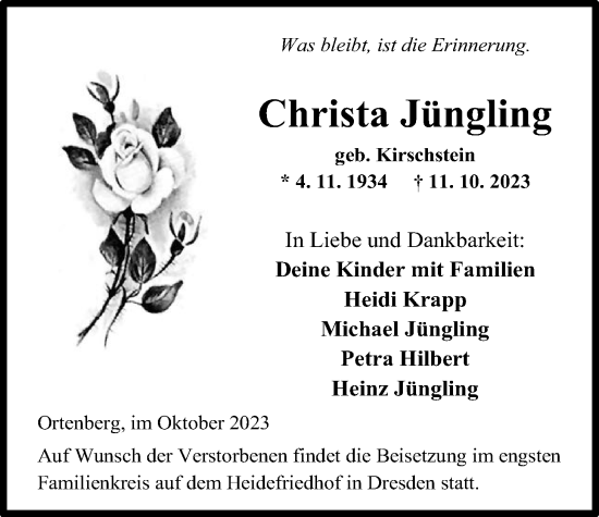 Traueranzeige von Christa Jüngling von Kreis-Anzeiger
