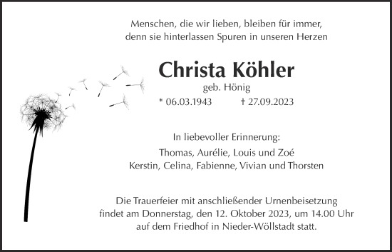 Traueranzeige von Christa Köhler von Wetterauer Zeitung
