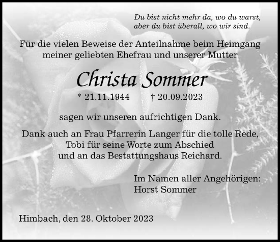 Traueranzeige von Christa Sommer von Kreis-Anzeiger