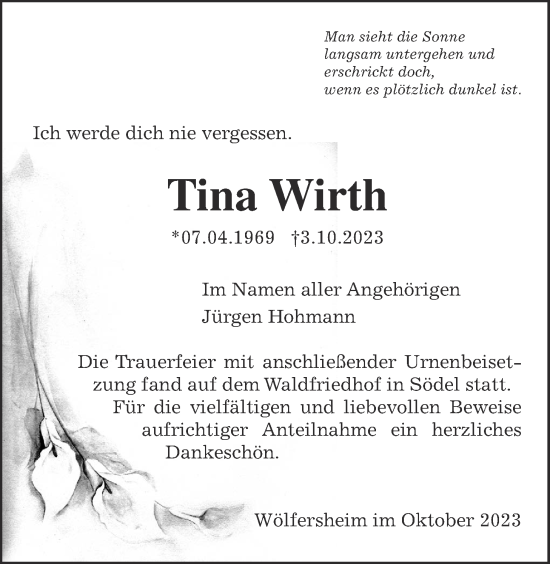 Traueranzeige von Christina Wirth von Wetterauer Zeitung