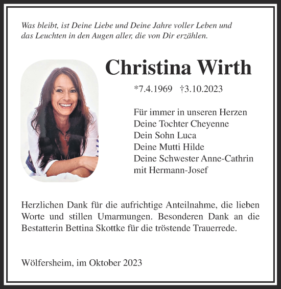 Traueranzeige von Christina Wirth von Wetterauer Zeitung