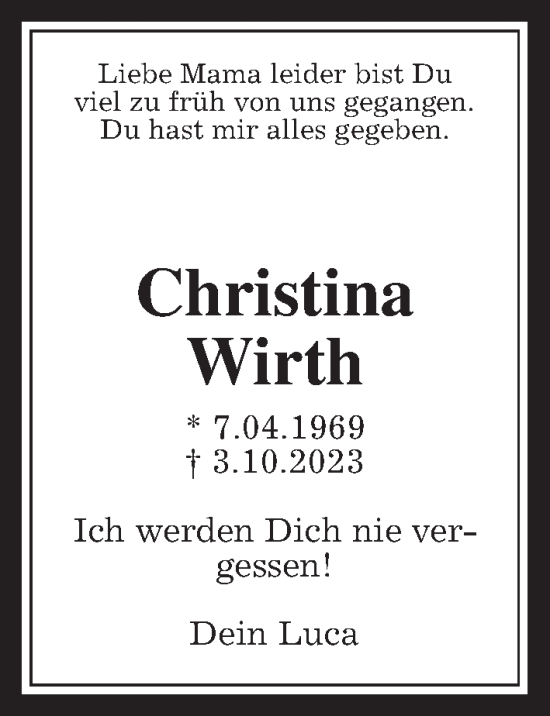 Traueranzeige von Christina Wirth von Wetterauer Zeitung, Wetterauer Zeitung