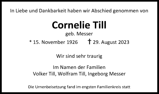 Traueranzeige von Cornelie Till 