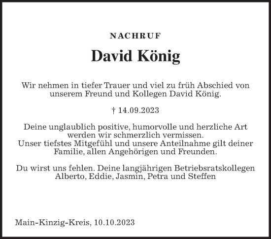 Traueranzeige von David König von Wetterauer Zeitung, Wetterauer Zeitung