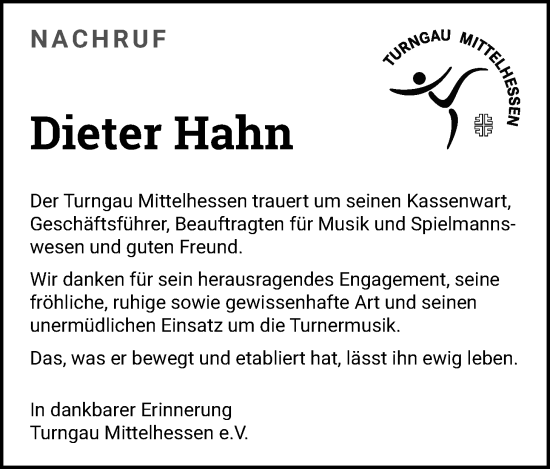 Traueranzeige von Dieter Hahn von Giessener Allgemeine, Alsfelder Allgemeine