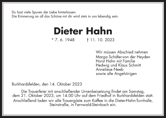 Traueranzeige von Dieter Hahn von Giessener Anzeiger, Giessener Allgemeine, Alsfelder Allgemeine