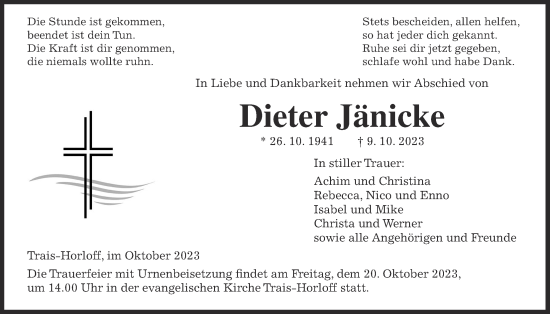 Traueranzeige von Dieter Jänicke von Giessener Allgemeine, Alsfelder Allgemeine