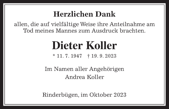 Traueranzeige von Dieter Koller von Kreis-Anzeiger