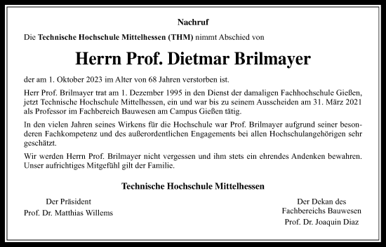 Traueranzeige von Dietmar Brilmayer von Giessener Allgemeine, Alsfelder Allgemeine, Giessener Anzeiger