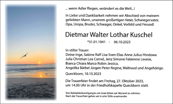 Traueranzeige von Dietmar Walter Lothar Kuschel von Giessener Allgemeine, Alsfelder Allgemeine