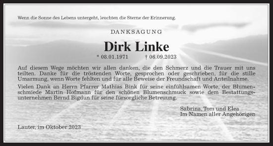 Traueranzeige von Dirk Linke von Laubacher Anzeiger, Laubacher Anzeiger