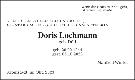 Traueranzeige von Doris Lochmann von Wetterauer Zeitung, Kreis-Anzeiger