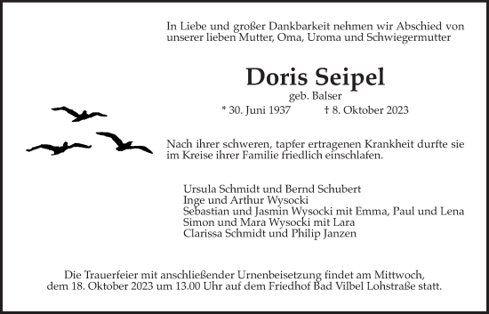Traueranzeige von Doris Seipel von Bad Vilbel/Karben