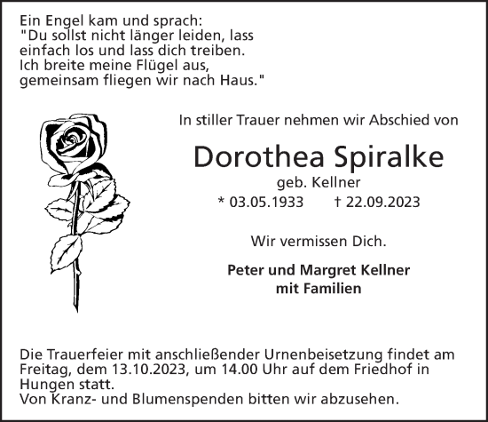 Traueranzeige von Dorothea Spiralke von Wetterauer Zeitung