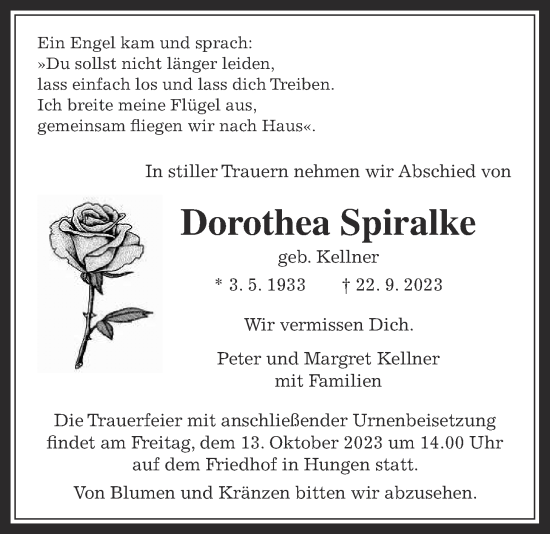 Traueranzeige von Dorothea Spiralke von Licher Wochenblatt, Licher Wochenblatt