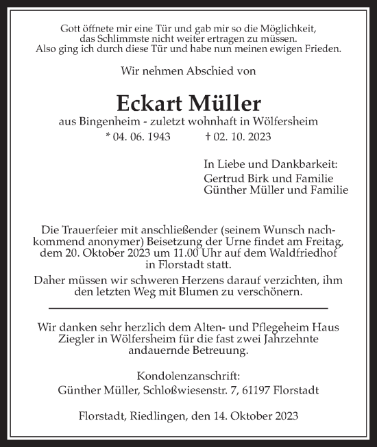 Traueranzeige von Eckart Müller von Wetterauer Zeitung