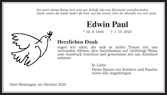 Traueranzeige von Edwin Paul von Giessener Anzeiger
