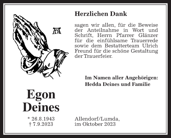 Traueranzeige von Egon Deines von Allendorfer Mitteilungen