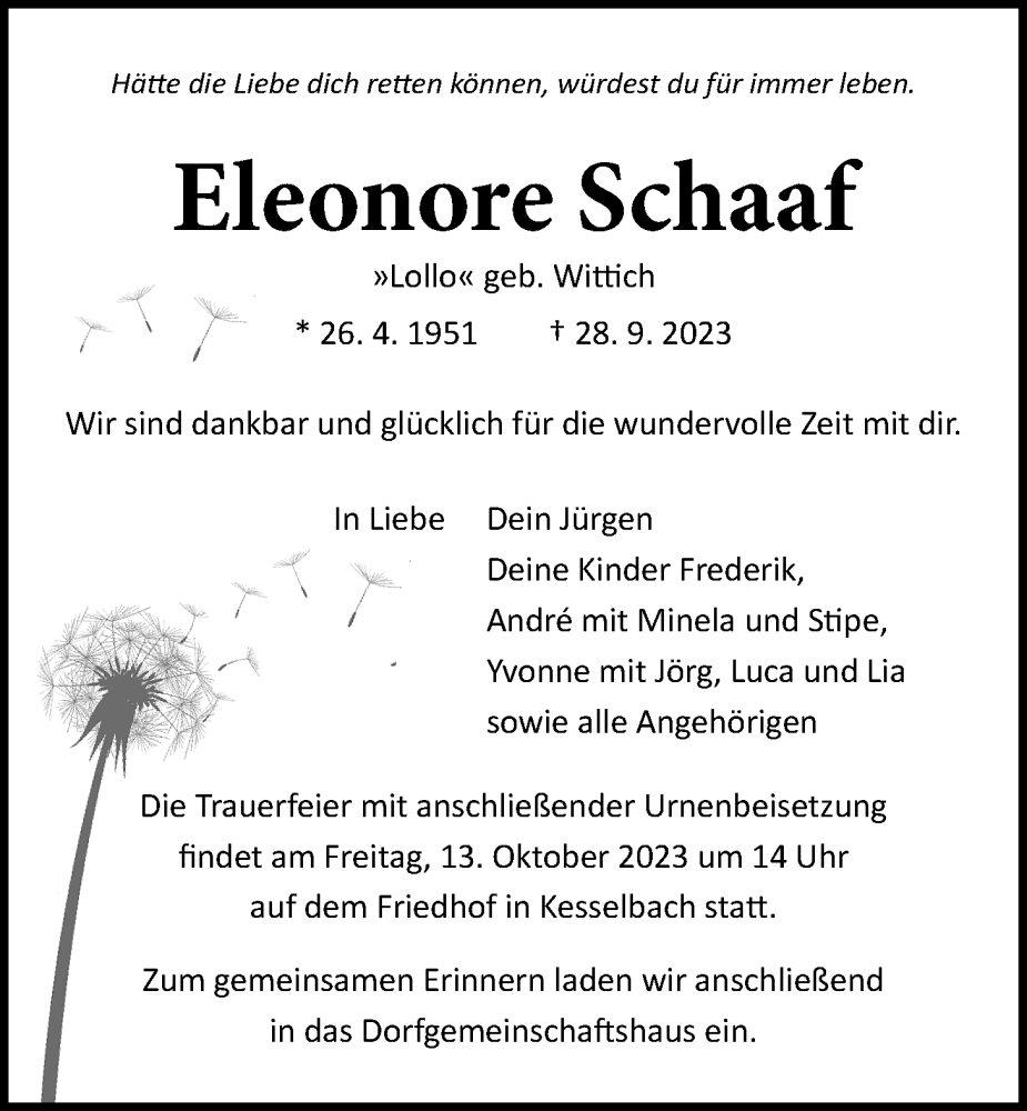  Traueranzeige für Eleonore Schaaf vom 07.10.2023 aus Giessener Anzeiger, Giessener Allgemeine, Alsfelder Allgemeine