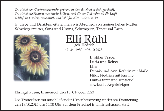 Traueranzeige von Elli Rühl von Alsfelder Allgemeine