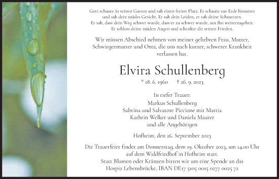 Traueranzeige von Elvira Schullenberg 