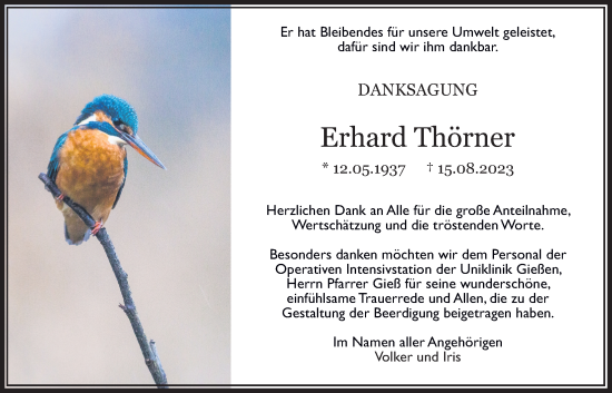 Traueranzeige von Erhard Thörner von Giessener Allgemeine, Alsfelder Allgemeine, Giessener Anzeiger