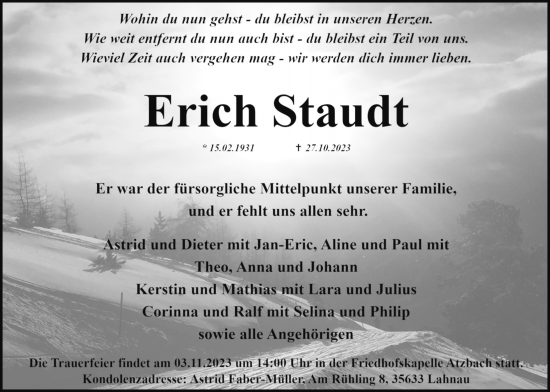 Traueranzeige von Erich Staudt von Giessener Allgemeine, Alsfelder Allgemeine