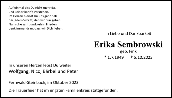 Traueranzeige von Erika Sembrowski von Licher Wochenblatt