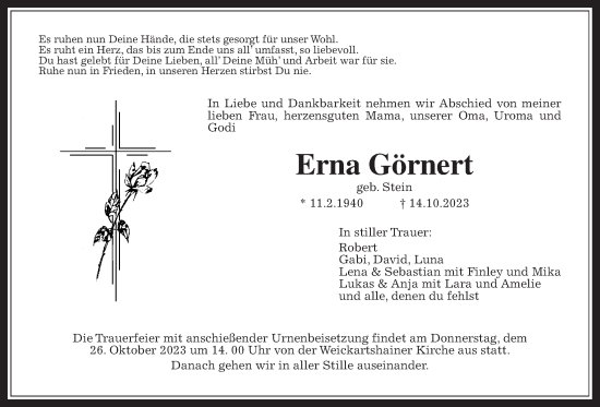 Traueranzeige von Erna Görnert von Giessener Allgemeine, Alsfelder Allgemeine
