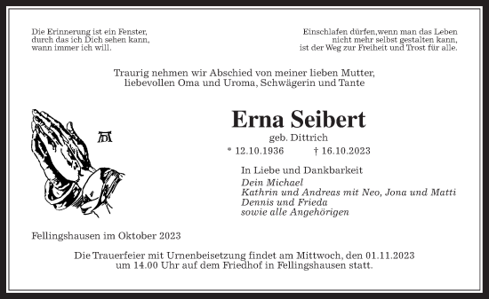 Traueranzeige von Erna Seibert von Giessener Allgemeine, Alsfelder Allgemeine