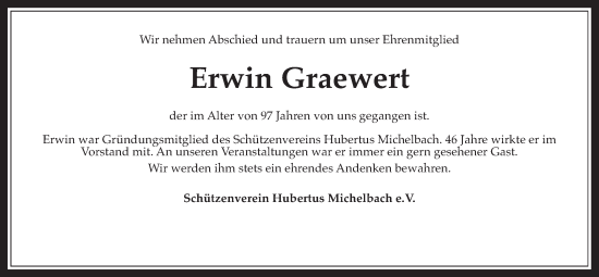 Traueranzeige von Erwin Graewert von Usinger Anzeiger
