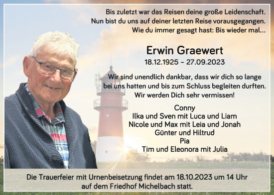 Traueranzeige von Erwin Graewert von Usinger Anzeiger, 