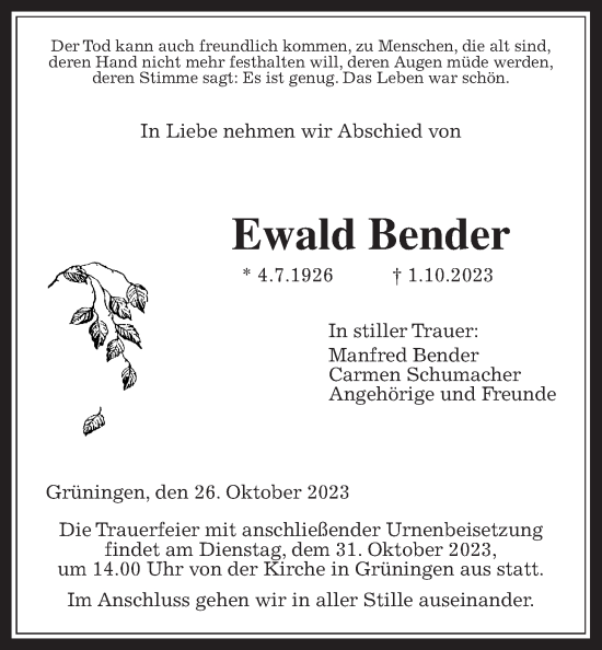 Traueranzeige von Ewald Bender von Pohlheimer Nachrichten