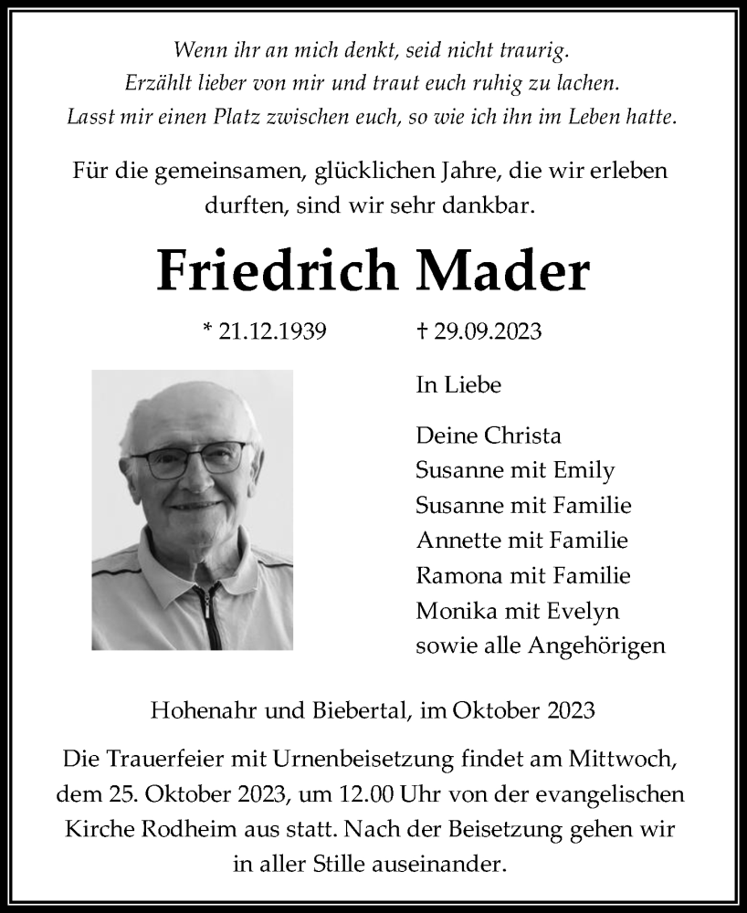  Traueranzeige für Friedrich Mader vom 14.10.2023 aus Giessener Anzeiger