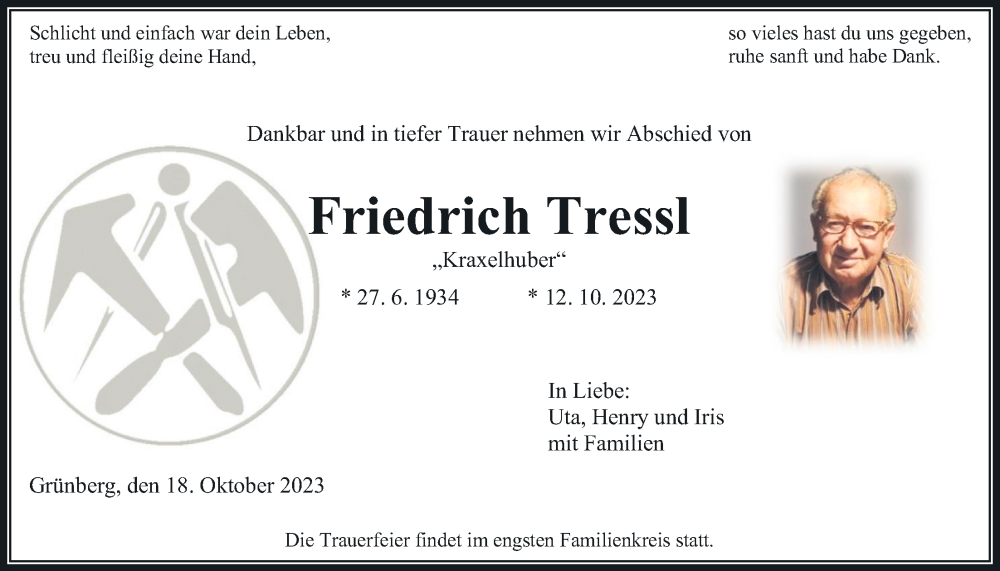  Traueranzeige für Friedrich Tressl vom 18.10.2023 aus Giessener Allgemeine, Alsfelder Allgemeine