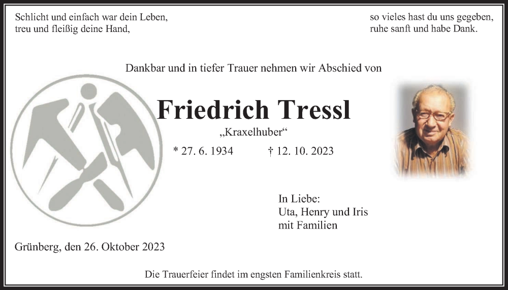  Traueranzeige für Friedrich Tressl vom 26.10.2023 aus Heimatzeitung Grünberg + Laubach