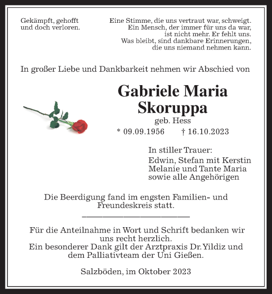 Traueranzeige von Gabriele Maria Skoruppa von Giessener Allgemeine, Alsfelder Allgemeine
