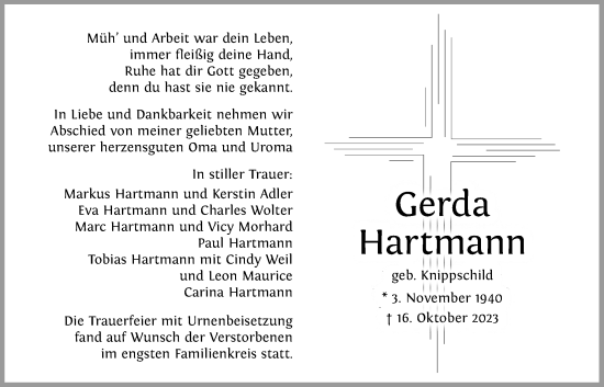 Traueranzeige von Gerda Hartmann von Wetterauer Zeitung