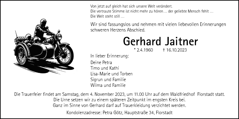  Traueranzeige für Gerhard Jaitner vom 28.10.2023 aus Wetterauer Zeitung