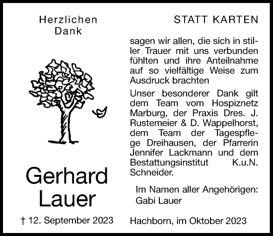 Traueranzeige von Gerhard Lauer von Giessener Allgemeine, Alsfelder Allgemeine